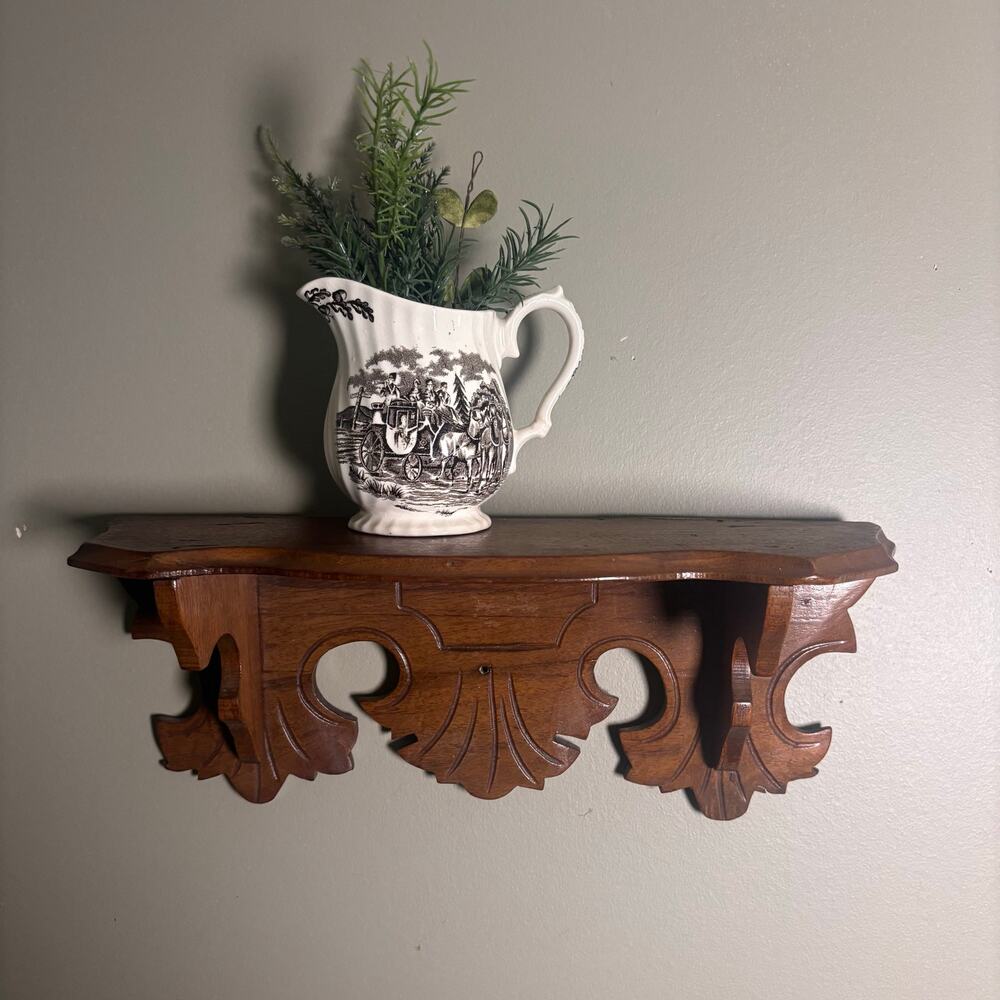 Vintage Black Forest Style Wood Wall Shelf Carved Acanthus Leaf Ledge 14"